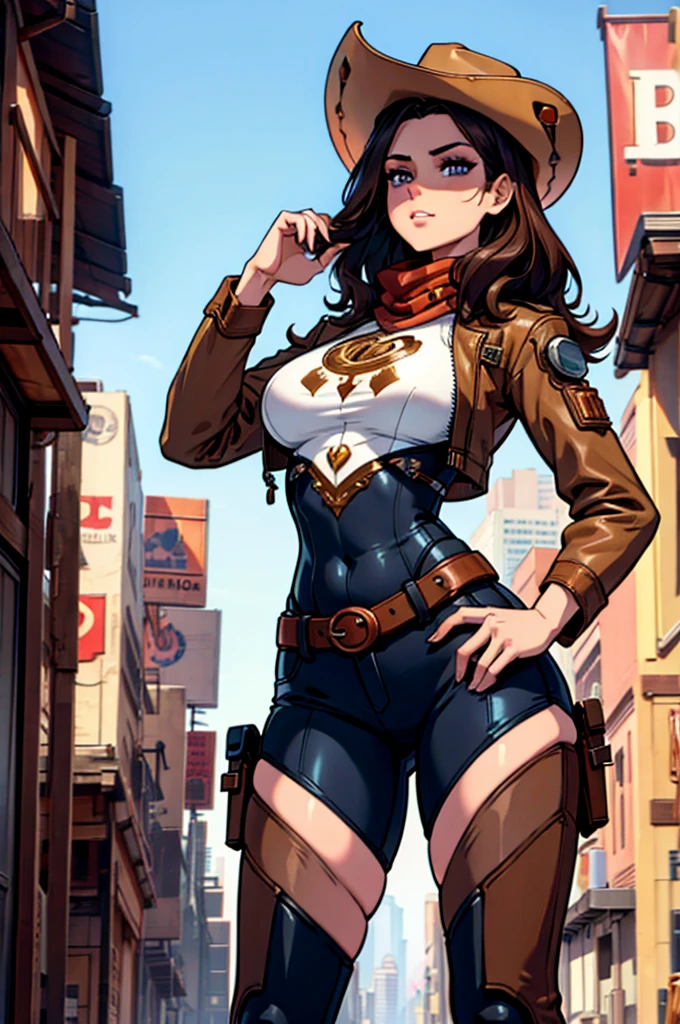 perfect face, perfect hands A brown haired female cowgirl with copper eyes with an hourglass figure in a conservative cowgirl outfit, futuristic, cyberpunk, 8k resolution, perfect, masterpiece, 