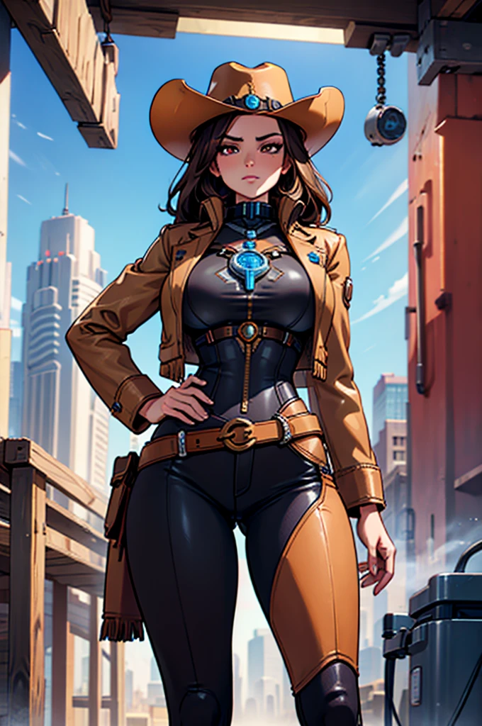 perfect face, perfect hands A brown haired female cowgirl with copper eyes with an hourglass figure in a conservative cowgirl outfit, futuristic, cyberpunk, 8k resolution, perfect, masterpiece, 