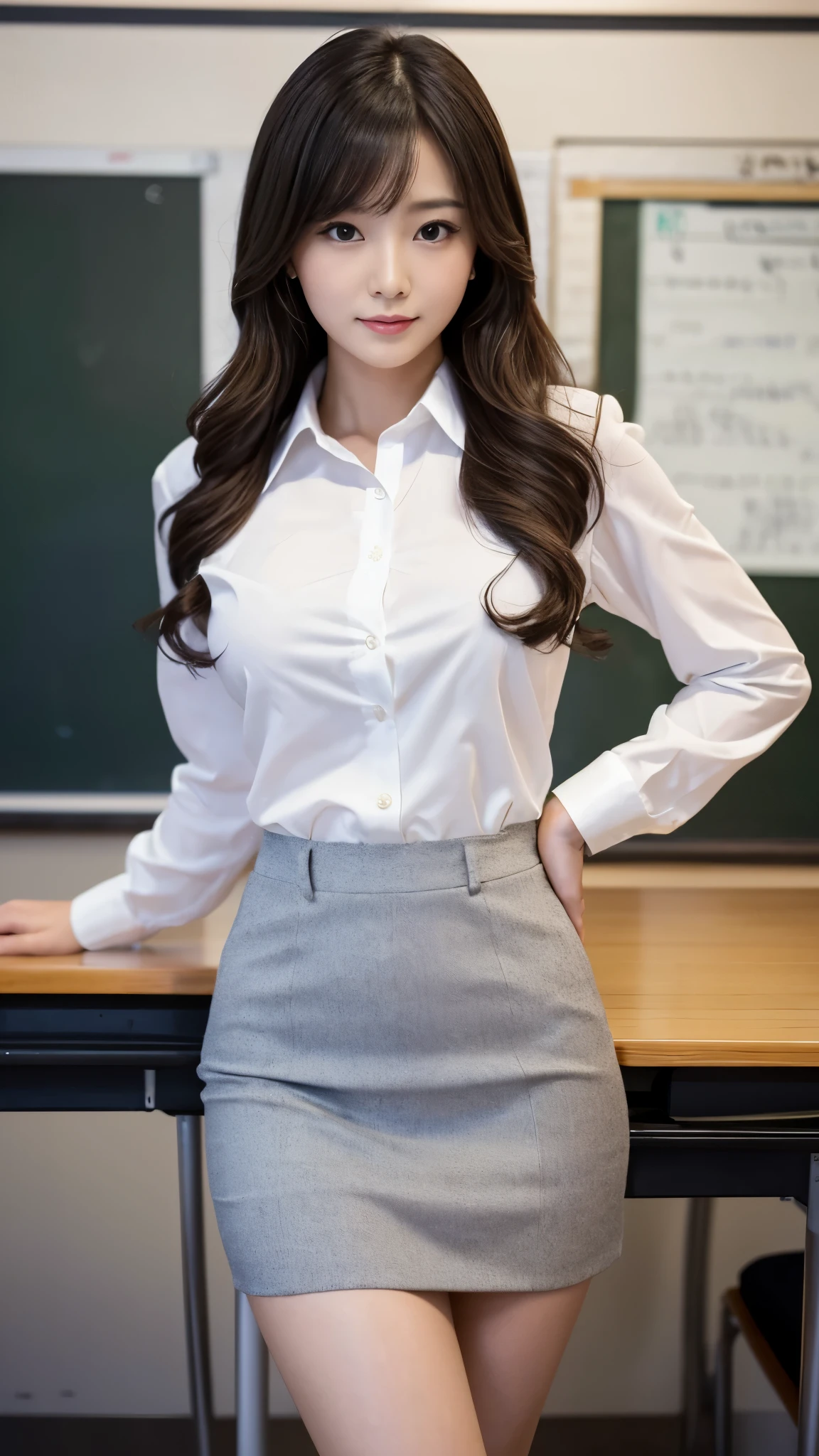 Masterpiece(1.4)，Highest quality(1.5)，Highest quality，8k、16K，wallpaper，Ultra-high resolution，Extremely detailed，Japanese，Beauty，sexy，glamorous，Perfect Style，teacher，School classroom，business suit，White shirt，Tight Skirt，pumps，(Students checking attendance in front of the blackboard in the classroom)，