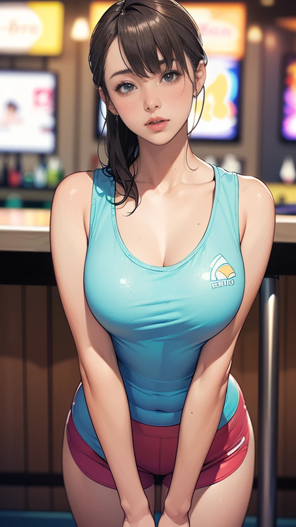 masterpiece,Highest quality,Very detailed,High resolution,8k,wallpaper,Perfect lighting,break(One Woman),(スポーツバーでウェイターとして働くmature女性:1.5),(4),(Hooters),(((Snug-fitting white tank top:1.5))),((The tank top has the sports bar logo on it..:1.5)),(((Small orange shorts))),(((Very detailedなコスチュームの描画:1.5))),(Beautiful Eyes:1.5),(Detailed face drawing:1.5),(Detailed face drawing:1.5),((Very detailedな女性の手:1.5)),(Glowing Skin:1.2),(Big Breasts:1.2),(Thick thighs:1.5),(Sensual body:1.5),(Sports Bar Background:1.5),(((Blur the background:1.5))),(((I&#39;Embarrassing:1.5))),Upper Body,Slimy, (Huge boobs), (((Large Breasts))), ((blush)), Hourglass-shaped body, Narrow waist, very Narrow waist,The nipples are protruding,nipple,Accentuate the cleavage,Big cock,penis,Dildo,See-through,Ahhh,Ahegao, Open your mouth and stick out your tongue,mature female, mature, Adult, Night atmosphere,Perfect Ass Sex、((Sweat,vapor,Vulgarity)),