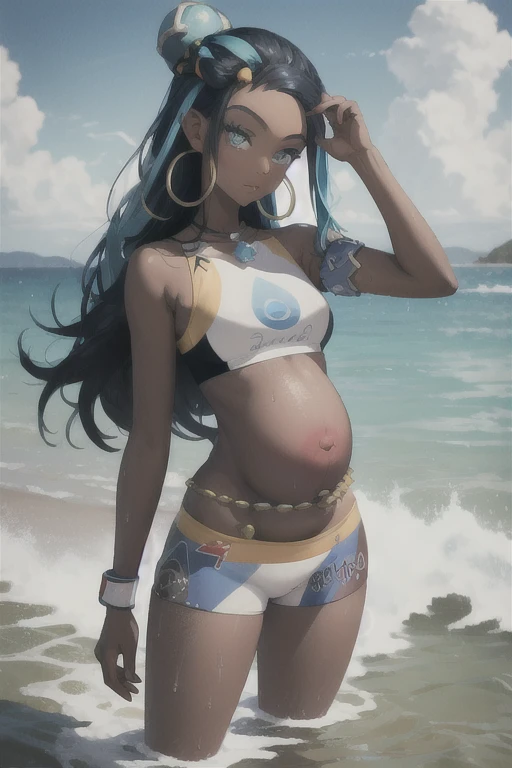 masterpiece, best quality, 1 pregnant girl, nessa, black hair, blue hair,  long hair,  multicolored hair, blue eyes, blue hair,dark skin, single hair bun,  armlet, belly chain, bikini, crop top, shorts, full body, single glove, hand on hip,  hoop earrings, necklace, looking at viewer, midriff,  navel, third trimester of pregnancy,  solo, standing, sky, water, wet, sea 