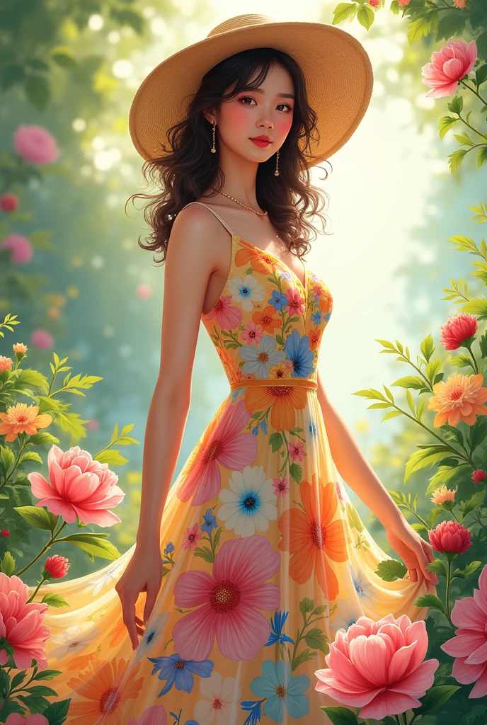 Adorable, Woman,big-eyed woman, round face. promenent lips. Smileing,In the garden,Her hands are behind her...., , large ass, wearing a cute sun dress. Picture from the side,looking at the scenes, intense colors, Very valuable details, complex details, volumetric lighting, digital art, 8k, trending on Artstation, Clear focus, complex details, highly detail, Greg Rutkowski Big Eyes, high-resolution, Black hair. Lily James
