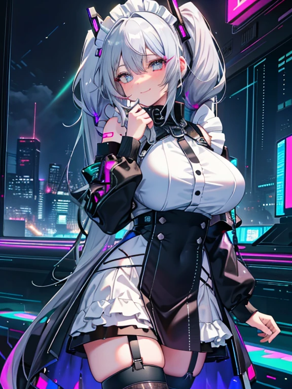 ((1girl)), (8k,16K,best quality,high-resolution,detailed fingers,detailed hands,detailed eyes,detailed legs:1.5), ((seductive smile),silver hair,very long hair .twin tails,shiny hair:1.3), ((maid),(holographic dress),thigh highs,shiny:1.3), (heterochromia,(red eye,green eye)), ((huge breasts),beautiful breasts,curvy),  ((Late Night),Cyberpunk cityscape,Vibrant neon glow),(blush,nipple tweak)