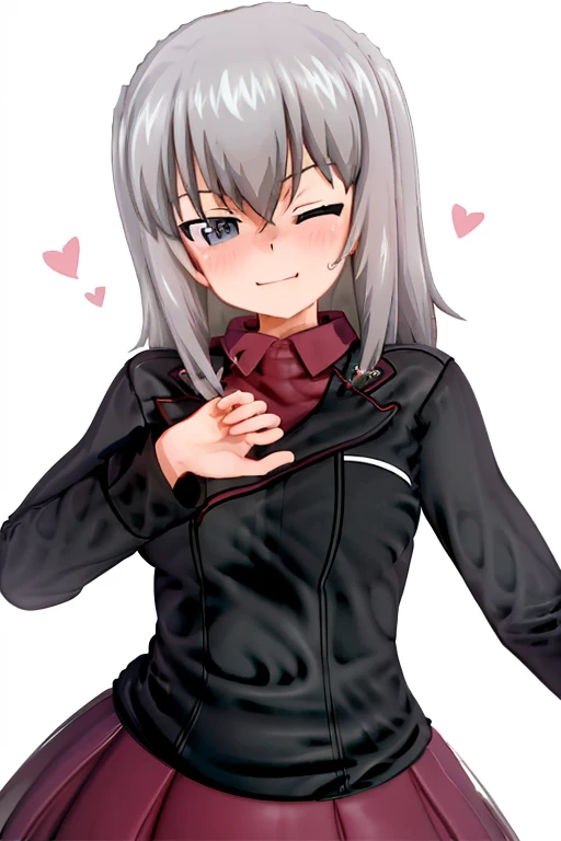 Girls und panzer, itsumi erika, 1girl, blue eyes, blush, closed mouth, dress, fang, grey hair, half-closed eye, heart, heart hands, looking at viewer, medium hair, one eye closed, skin fang, smile, solo, standing, sweatdrop, upper body, small breasts