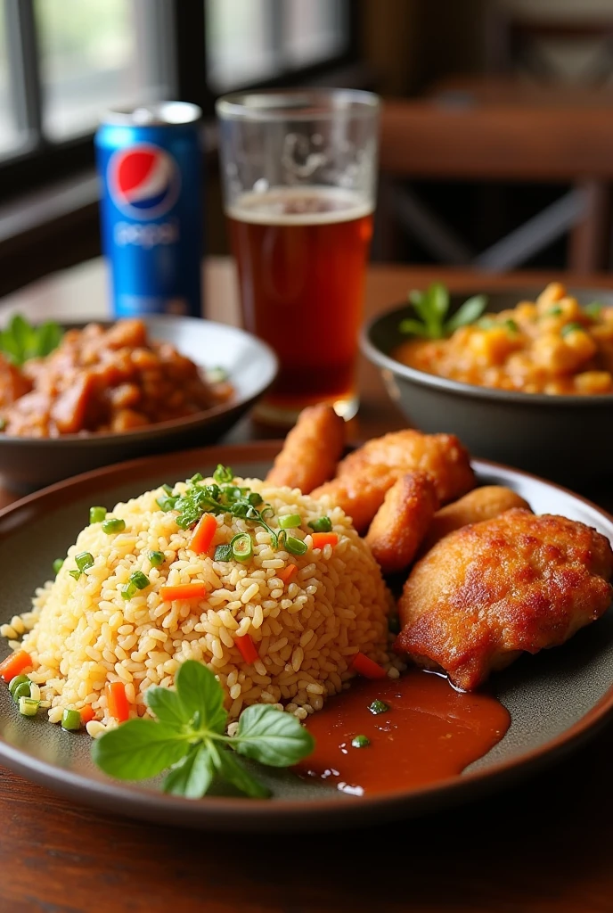Draft beer in hand, grilled chicken, grilled fish, seafood porridge, lighting, interior, plant decoration, melon seeds, grilled leeks, lighting, music, party --auto --s2