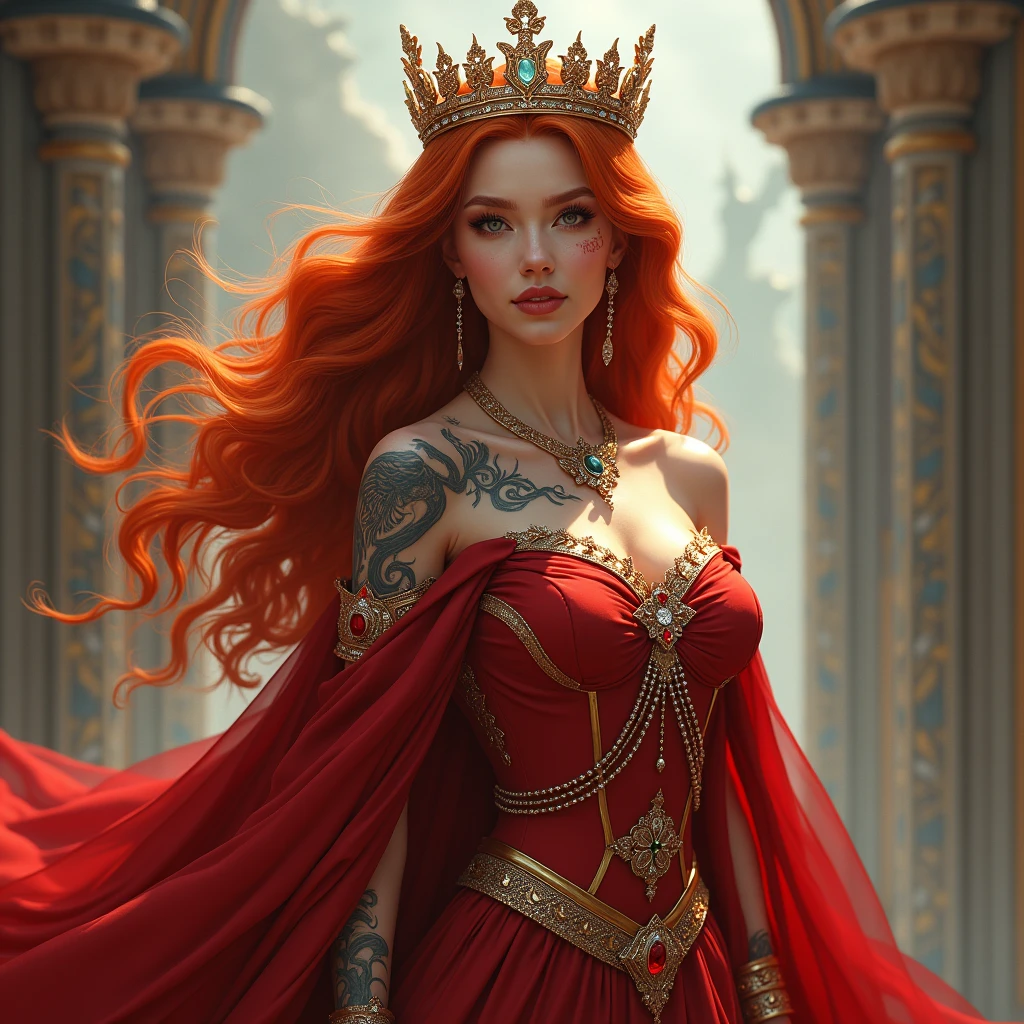ultra realistic, photography, long red hair, girl, 24 years old, hourglass figure, perfect body, small breasts, Flirty look, she is sitting on a throne, wearing a gold dress, destroyed city in the background, the city is in flames and destroyed, (full body shot:1.1) photorealistic image of a (sitting pose:1.1) woman, full body, wide angle, wide angle shot, pet dragon next to her, bow and arrow next to her throne