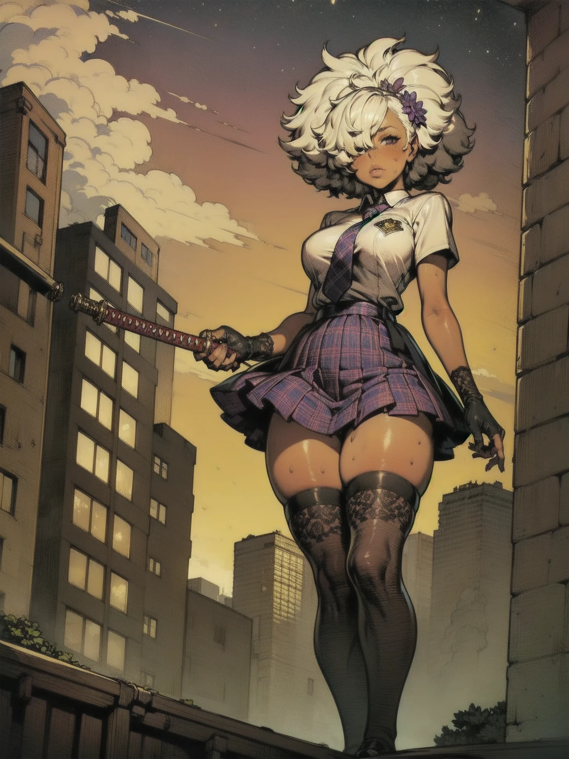 masterpiece, highres, best quality,1girl, 独奏,  shinobu jacobs, white hair, (big hair, messy hair, afro:1.2), hair over one eye, thick eyelashes, dark skin,  looking at viewer, large breasts, school uniform, plaid skirt, lace, fingerless gloves, thighhighs, purple skirt, loose necktie,  NMH1, Night Sky, Cityscape, Rooftop of a high-rise apartment building, City lights,Combat Stance,from below,badhandsv5, Dynamic pose,holding Katana,
