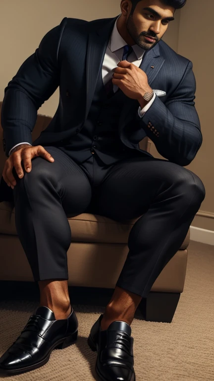 arafed indian man with his perfect big monster penis is coming out from pant in a suit and textured socks sitting on a chair, black socks, dapper, detailed shot spread legs-up, professional foot photography, grey pants and black dress pointed laces buckle shoes, stunning visual, profile image, solids, in style of ultra realistic, close-up on spread legs, detailed style, functional and elegant look, in style of realistic, striped, crisp details