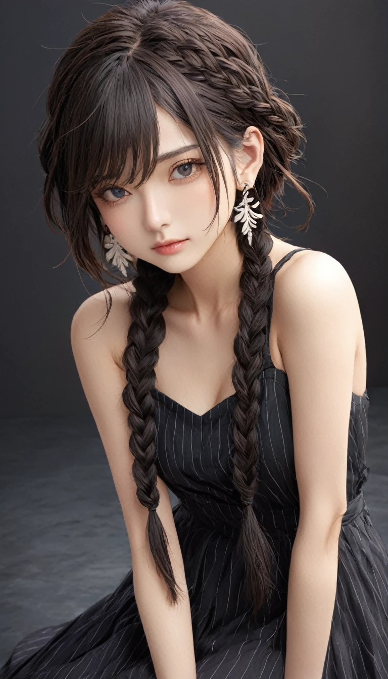 (masterpiece, Highest quality:1.2), One Girl, alone,Bony body、、Fishbone Braid Hair、Earrings