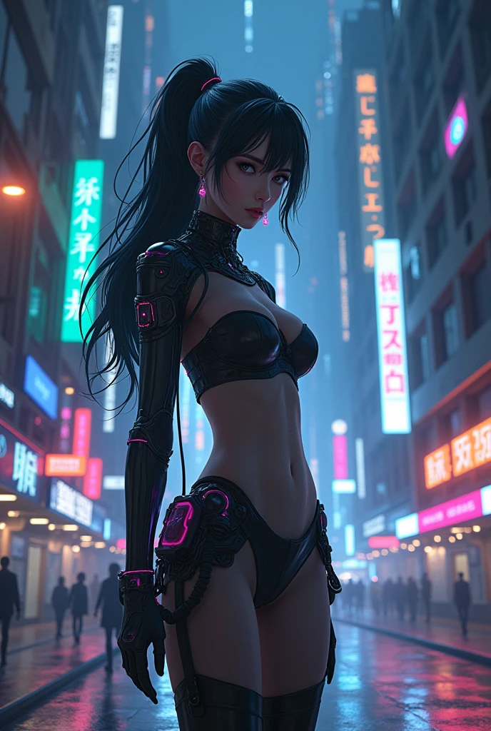 girl spacepunk,(1girl),((cute and beautiful black haired girl)),
(large breasts:1.4),saggy breasts,(((black wavy hair:1.35,absurdly long unkempt hair,messy hair,colored inner hair,ear breathing))),(((purple_eyes:1.3))),intricate eyes,beautiful detailed eyes,symmetrical eyes,((fat)),(((lustrous skin:1.5,bright skin: 1.5,skin tanned,shiny skin,very shiny skin,shiny body,plastic glitter skin,exaggerated shiny skin,illuminated skin,wet legs))),(spider lower abdomen,narrow waist,wide hip,athletic body,inflated legs, thick thighs,detailed body,(detailed face)),
cute,slutty,erotic,((nsfw)),
zettai ryouiki,revealing clothing,show skin,(wearing a mechanical space body armor:1.3,micro armor bikini,bare legs),with micro clothes,almost totally naked,with little clothing,tiny thong,generous neckline,(((wet clothes,intricate outfit,intricate clothes))),
dynamic pose:1.0,embarrassed,(centered,scale to fit dimensions,Rule of thirds),
cyberpunk city by the ocean at night, with bright neon signs and dark stormy clouds and puddles, scenery:1.25,nighttime, starry night, cosmos,Very dark night that makes the neon lights stand out, very bright neon lights,nighttime, starry night, cosmos,
artistic photography,(photography taken by sldr),highres, sharp focus,(ultra detailed, extremely detailed), (photorealistic artwork:1.37),(extremely detailed CG unity 8k wallpaper),((synthwave background theme)),(((vibrant colors))),intricate,(intricate background),(masterpiece),(best quality),perfect rendered face,perfect face details,realistic face,photo realistic,analog style,((intricate detail)),(((realism))),