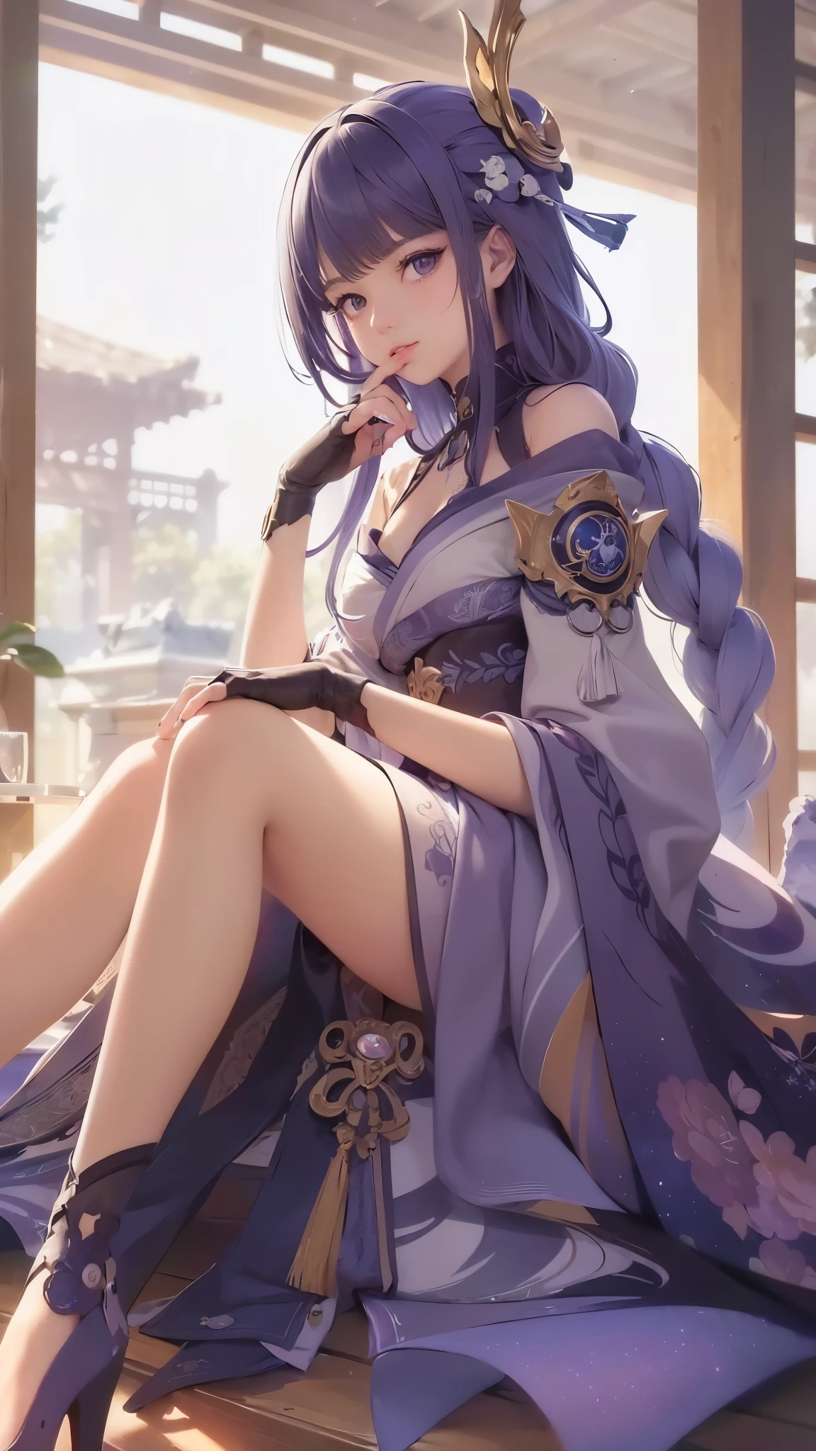 masterpiece, best quality, highres, detailed face, HDR, 1girl, blue hair, long hair, very long hair, ponytail, bangs, hair between eyes, sidelocks, ahoge, goat horns, horns, purple eyes, bell, cowbell, neck bell, collar, detachable collar, white collar, bare shoulders, tights, black tights, bodystocking, bodystocking under clothes, pelvic curtain, severed sleeves, white sleeves, long sleeves, gold trim, medium breasts, gloves, black gloves, ribbon, leg strap, ankle strap, white footwear, vision (Genshin Impact), ganyu (Genshin Impact), outside, (East Asian architecture, cherry blossoms, torii, several torii, stairs), sitting, looking into the distance, from the side,
