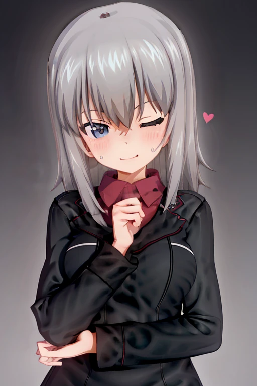 Girls und panzer, itsumi erika, 1girl, blue eyes, blush, closed mouth, dress, fang, grey hair, half-closed eye, heart, heart hands, looking at viewer, medium hair, one eye closed, skin fang, smile, solo, standing, sweatdrop, upper body, small breasts