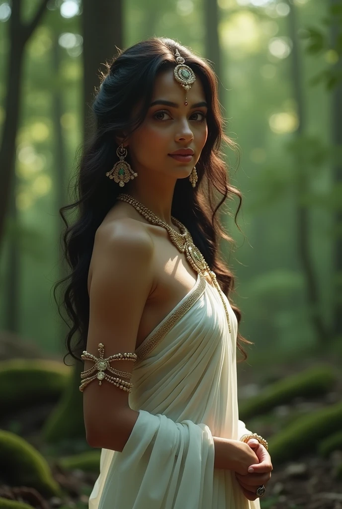 Ancient Indian girl in white transparent short clothes