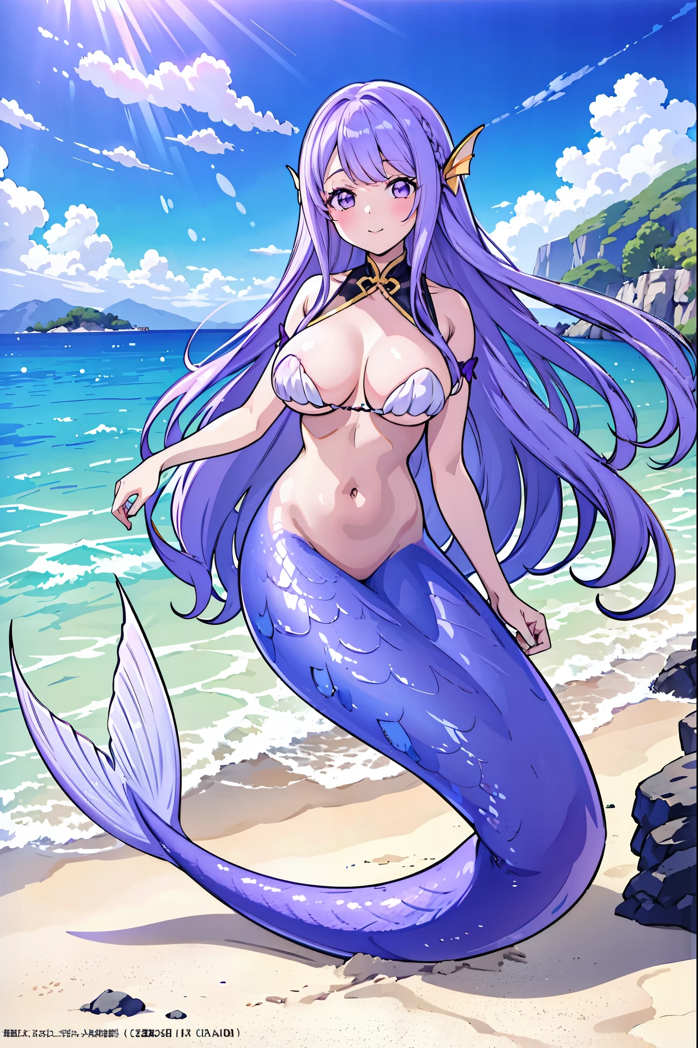 masterpiece, best quality,1girl, light purple hair, long hair,Large Breasts,独奏,Mermaid,蓝色的Mermaid尾巴,full-body shot,beach,Sea view,Smile