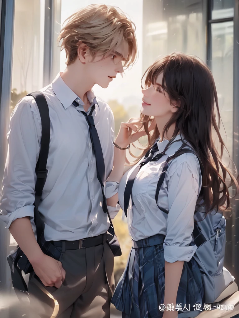 Young couple in school uniform standing intimately, Both of them were carrying backpacks. Young man with short blond hair，dishevelled，Wearing a white shirt，Tie loosened，Black pants give a relaxed vibe. This young black-haired woman has long straight hair，Wearing a white shirt和深色褶裙，Wearing a tie. Her posture suggests her interaction with the young man, Look up at him. The background is an outdoor scene，Trees bathed in sunlight, Create a warm and fresh atmosphere. Soft lighting, Highlights the details of their clothing and surroundings, Creates a romantic and peaceful atmosphere，with a shallow depth of field, Focus on couples，Blur the background at the same time.