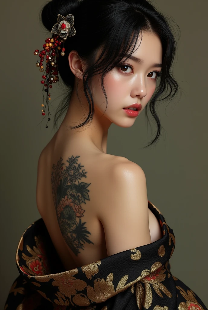 A highly realistic 8K image of a determined female warrior. She has long black hair styled elegantly with traditional Japanese hair accessories. Her face is partially turned towards the viewer, showcasing her fierce and confident expression. Her upper back and shoulders are adorned with intricate, detailed tattoos featuring Japanese calligraphy and mythical designs. She is dressed in a dark, patterned kimono, with one side falling slightly to reveal more of her tattoos. The lighting is dramatic, casting soft shadows and highlighting the textures and colors of her tattoos and kimono. The background is slightly blurred, focusing attention on her intense gaze and the