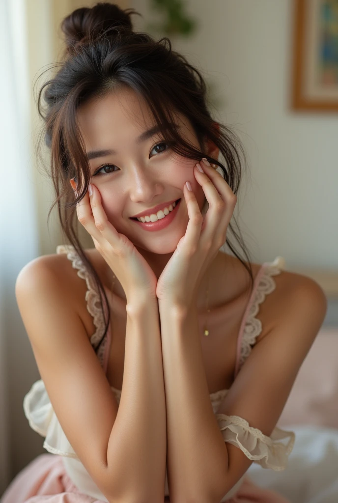 brunette, smile, physique: smallest belly ever, flat chest, skinny face, white wall, no decoration, nude, on bed, looking smiling at camera,