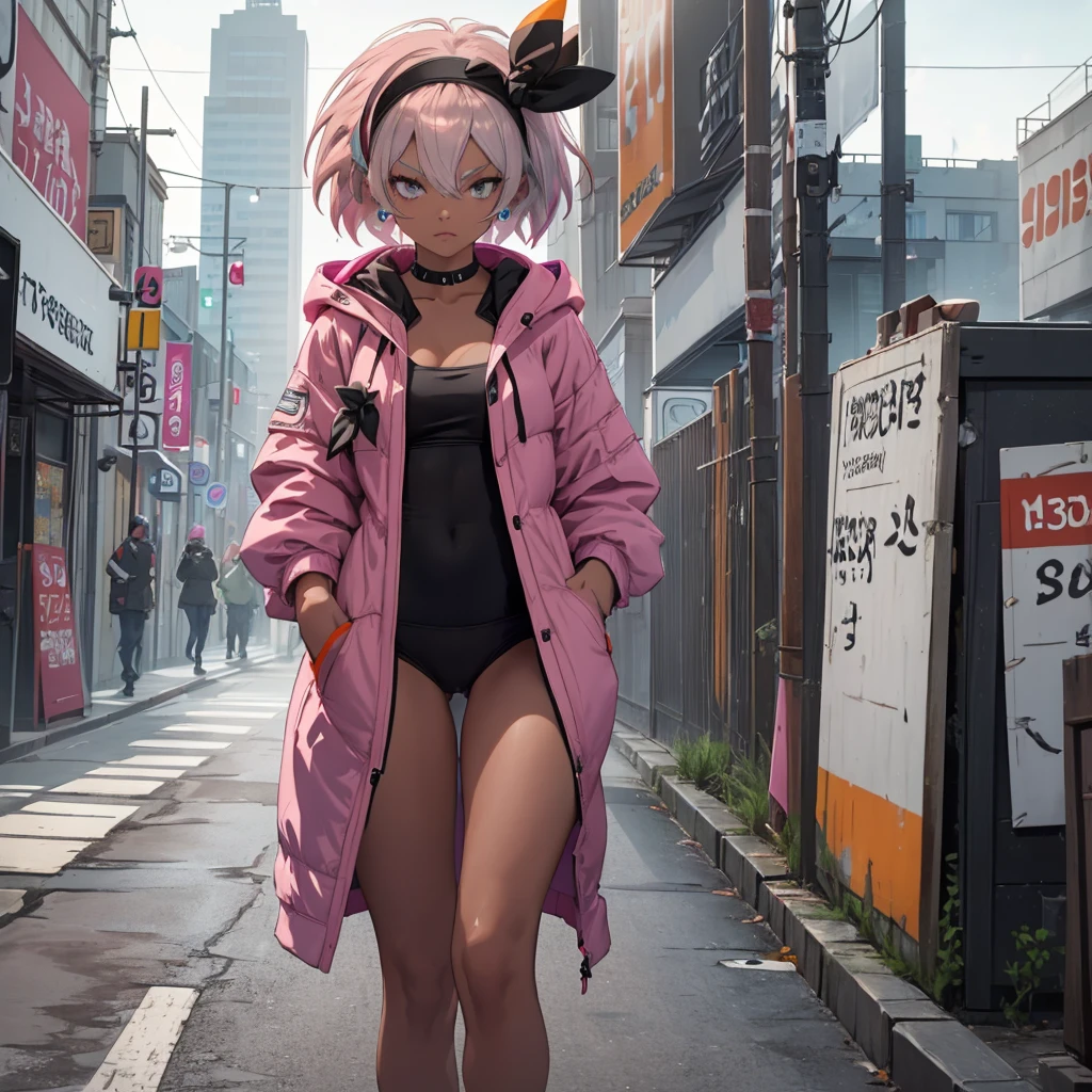 (​masterpiece、top-quality、hight resolution、Unity 8k、extremely details CG:1,Best Picture), daiwa scarlet(umamusume), ((brown hair, animal ears, horse girl, Tiara)), Generate an image set in a city street, focusing on a female convict standing upright in her designated spot. She wears a bright fluorescent pink coat, clearly marking her as a convict, and her expression is one of silent endurance, showing no reaction to her surroundings. Nearby, several ordinary people pass by or stand at a distance, gazing at her with cold, contemptuous stares. The general atmosphere should emphasize the isolation of the convict, who, despite being in a public place, is emotionally separated from the indifferent or disdainful public. The city background should be realistic, with the convict's presence being an unwanted and uncomfortable reminder to the passersby. ((((neon pink coat)))), ((Black miniscule bra, black miniscule panties over naked)), ((Red choker, Large Fluorescent green star-shaped earrings)), ((((White exhale)))), Winter town, Snowy landscape, Third person's point of view, 2girl