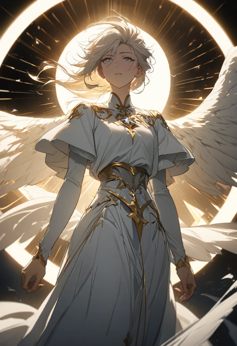 Anime style illustrations(Highest quality, masterpiece, Very detailedな, Very detailed, Exquisite, 16K,Full HD),A little closer,Golden Ratio,Dramatic lighting,Soft lighting, male((alone:1.5))from the front,(Angel Prince, The wind is blowing,(Huge white angel wings slightly above the waist),Knight&#39;s Feather Headdress,Diamond Earrings,Diamond Choker,Black knight&#39;s coat ,(smile:1.2), (Dark fantasy, Romantic atmosphere), like、dream、shine、sword、Concept Art、Story cover