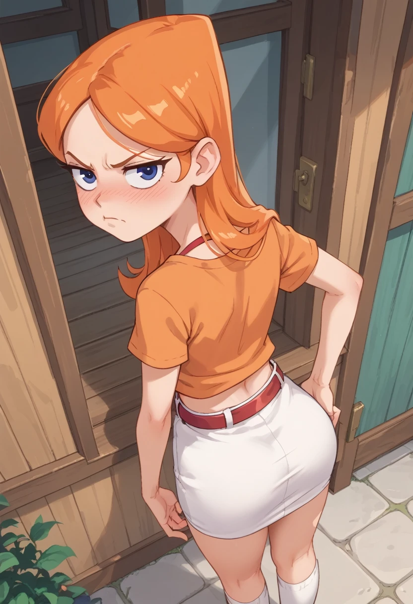 Candace Flynn, Orange hair, by the wide, annoyed, flushed, In the yard of your house, orange blouse, White skirt, pink pants, white thigh high socks, from above his head, giving back, lift your butt, look at the viewer. Red belt. 