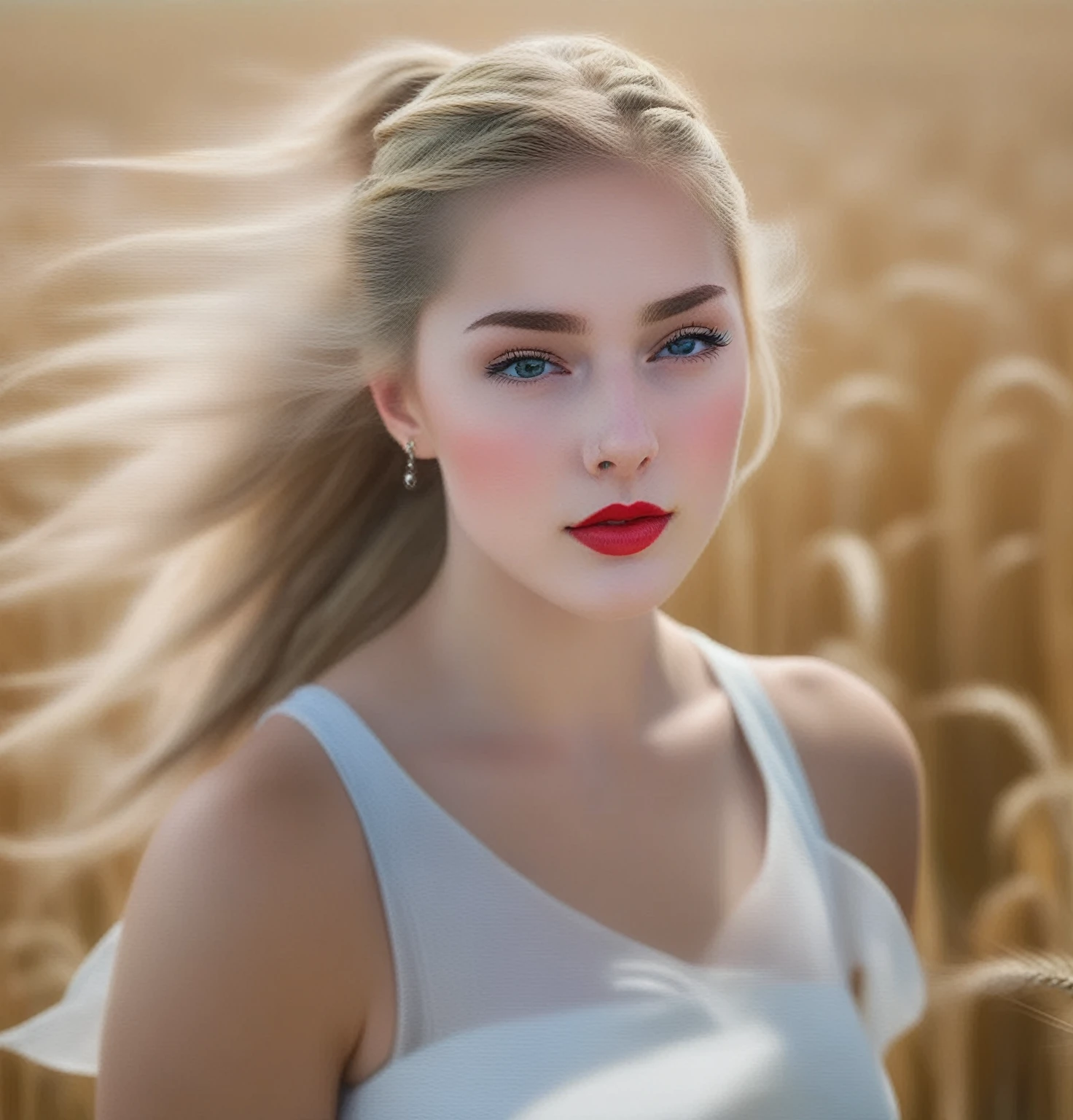 a young country girl standing in a wheat field, looking at the viewer from the side, with long blonde hair in a ponytail, beautiful blue eyes, red lips, and a sweet expression on her face. she is wearing a tight white dress that flutters in the wind, showing her medium-sized breasts. the background is blurred. (masterpiece:1.4), (best quality:1.4), ultra-high res, 8K, CG, (extremely delicate and beautiful:1.2), upper body, from side, looking at viewer, 1girl, solo, country girl, college aged girl, cute, sweet, in the wheat field, blurry background, long blonde hair, ponytail hair, blue eyes, closed mouth, red lips, face brushed by the wind, tight white dress, medium breasts