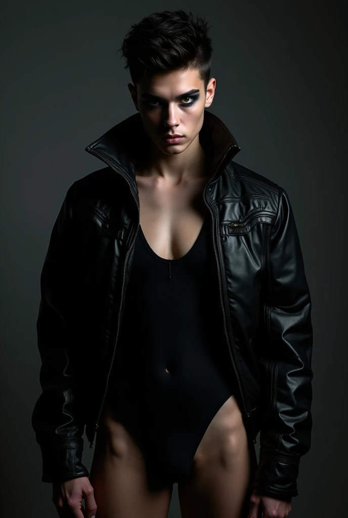 ((Best quality)), ((masterpiece)), 8k (detailed), ((perfect face)) ((fullbody)), perfect proportions, He is a gorgeous devil, his facial features delicate and perfect. He has black long hair and teal-blue eyes. Wearing black shiny leather jeans and a black trench coat. He has long eyelashes, his skin is white and pale. (No facial or body hair) He is sexy. He has gothic makeup on his face. He is 19 years old. The overall look is very erotic. ((Black and purple))