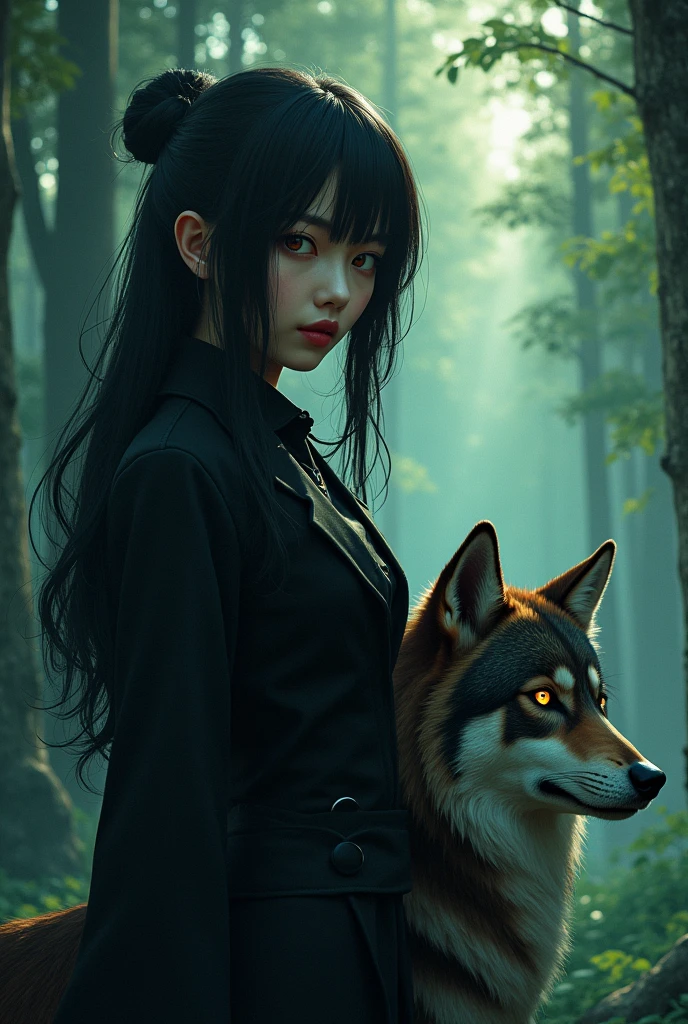 Asian woman with black hair , a black shirt and a long brown coat, with gray eyes, evil smile playing dice, with an atom and a white wolf in the background