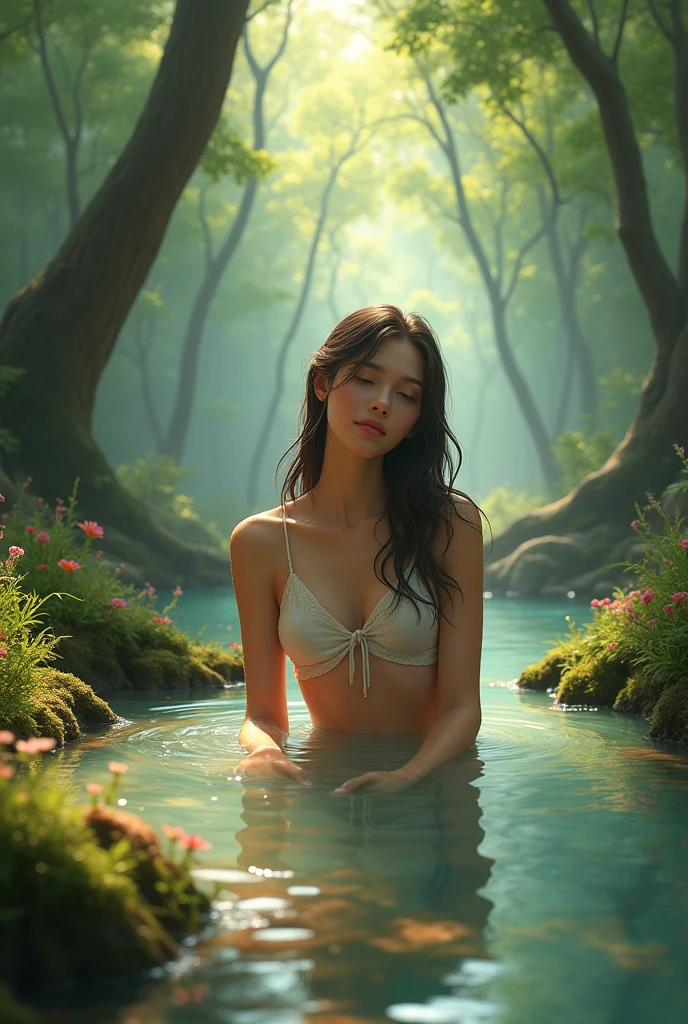 Masterpiece, best quality, (very detailed CG unity 8k wallpaper), (best quality), (best illustration), (best shadows), 

Super detailed object, beautiful nude woman submerged her half body in the lake under the moon light

super detailed setting forest background,
glow sprite, in the lake, natural elements in the forest theme. Mysterious forest, beautiful forest, nature, surrounded by flowers, delicate leaves and branches surrounded by fireflies (natural elements), (forest theme), (leaves), (twigs), (fireflies), (particle effects) etc. 3D, Octane rendering, ray tracing,