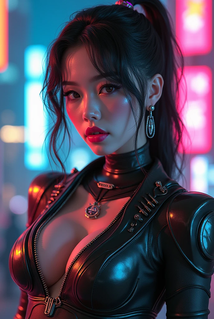 original photo, (best quality:1.3), high resolution, (masterpiece), (lifelike:1.4), Professional photography, sharp focus, high dynamic range, 8k resolution, intricate details, exquisite detailing, depth of field, Extremely detailed CG unified 8k wallpaper, masterpiece，filmposter，best quality，official art，（Beauty and aesthetics：1.2），（masterpiece：1.3），The cities of the future，cyberpunk characters，a girl，sexy leather clothes，Off the shoulders，No underwear，looking at camera，（Medium focus lens：1.8），volume fog，rain，night，drama