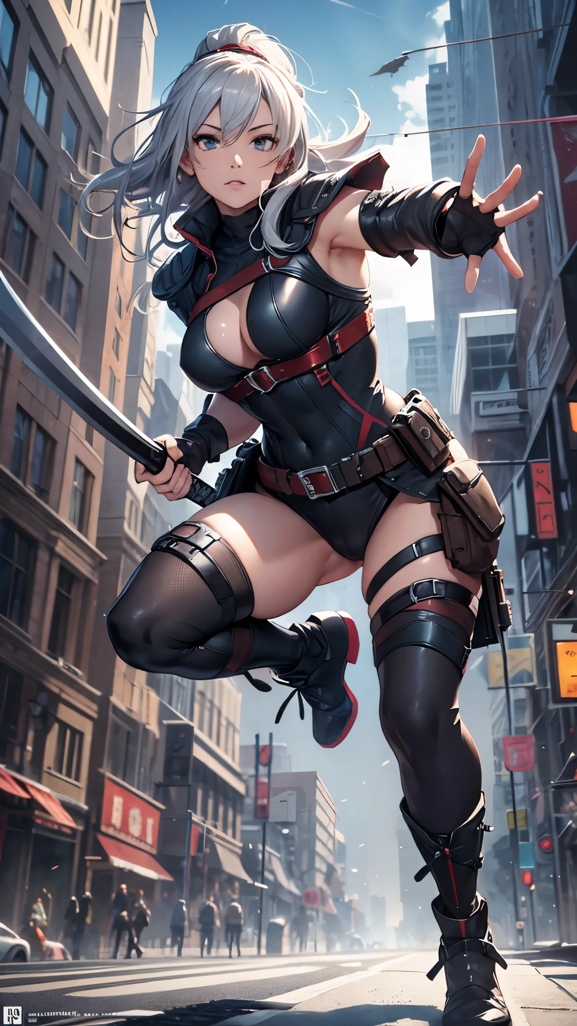 (((Red and Blue))), (((back view))), (((graphics painted on clothing))), (((perfect ass))), (((best qualityer: 1.4))), (((Afro))), (((DuneWalker))), (((post-apocalypse))), (Unbeatable masterpiece), (hiper HD),(CG 8k hyper-realistic), (((breasts big))), (((hyper feminine))), sensuous girl, (colorful bob hair with straight bangs), ((( sculptural body ))), (((1 girl))), 20 year anime girl with perfect body, Beautiful and well-groomed face, slanted eyes, muscular body:1.2, costume with textured details in pixel art, (Head to thigh photoodern samurai pants, Complex equipment, rot, cerulean,Tight, dark clothes,With white stars and white stripes, Metal parts in armor, hell Girl, (((standing alone))), pirralha violent, (((14歳))), sensuous, pose de atitude, work of art, post-apocalypse, (((manga style))), Bounty Hunter, violent, Manic, the way you want, corpo fitness, thin but strong, perfectbody, roupa moderna, Advanced technology, short shorts with checkered pattern in red and black, fur collar jacket, sleeves with vertical striped pattern, neutral background