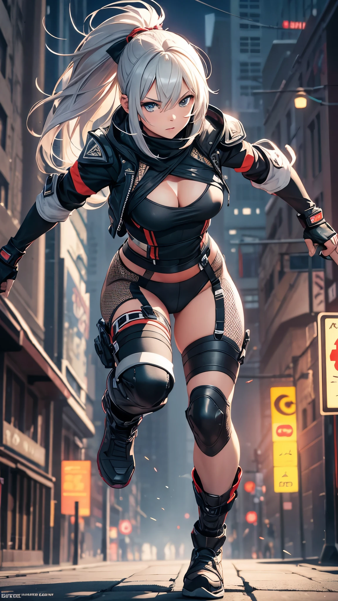 ((best quality)), ((masterpiece)), (detailed), 1girl, 8k_wallpaper, extremely detailed eyes, (large masterpiece digital art), (intricate details:1.3 ), (ultra-detailed:1.3), (sharp focus:1.3), (natural lighting:1.05), (vivid colors:1.3), (best quality:1.4), high quality, expressive eyes, full body, detailed face, beautiful face, perfect face, ((blonde hair)), (gold eyes), {{dark skin}}, ({dark skinned female}), big breasts, huge chest, outlines of nipples under clothing, powerful strong and prominent muscles of the abdomen and legs, powerful arm muscles, a cruel cold look, a cruel vulgar playful look, a predatory grin, a vulgar playful smile, an ahegao smile, dressed in an open red coat with rolled up sleeves, a translucent wet half-buttoned shirt revealing her chest, a wide red belt with a gold buckle, a military radio hanging on her belt, short leather mini-shorts, knee-high boots, a large hiking backpack, she walks late in the summer evening through the destroyed city in cyberpunk style,