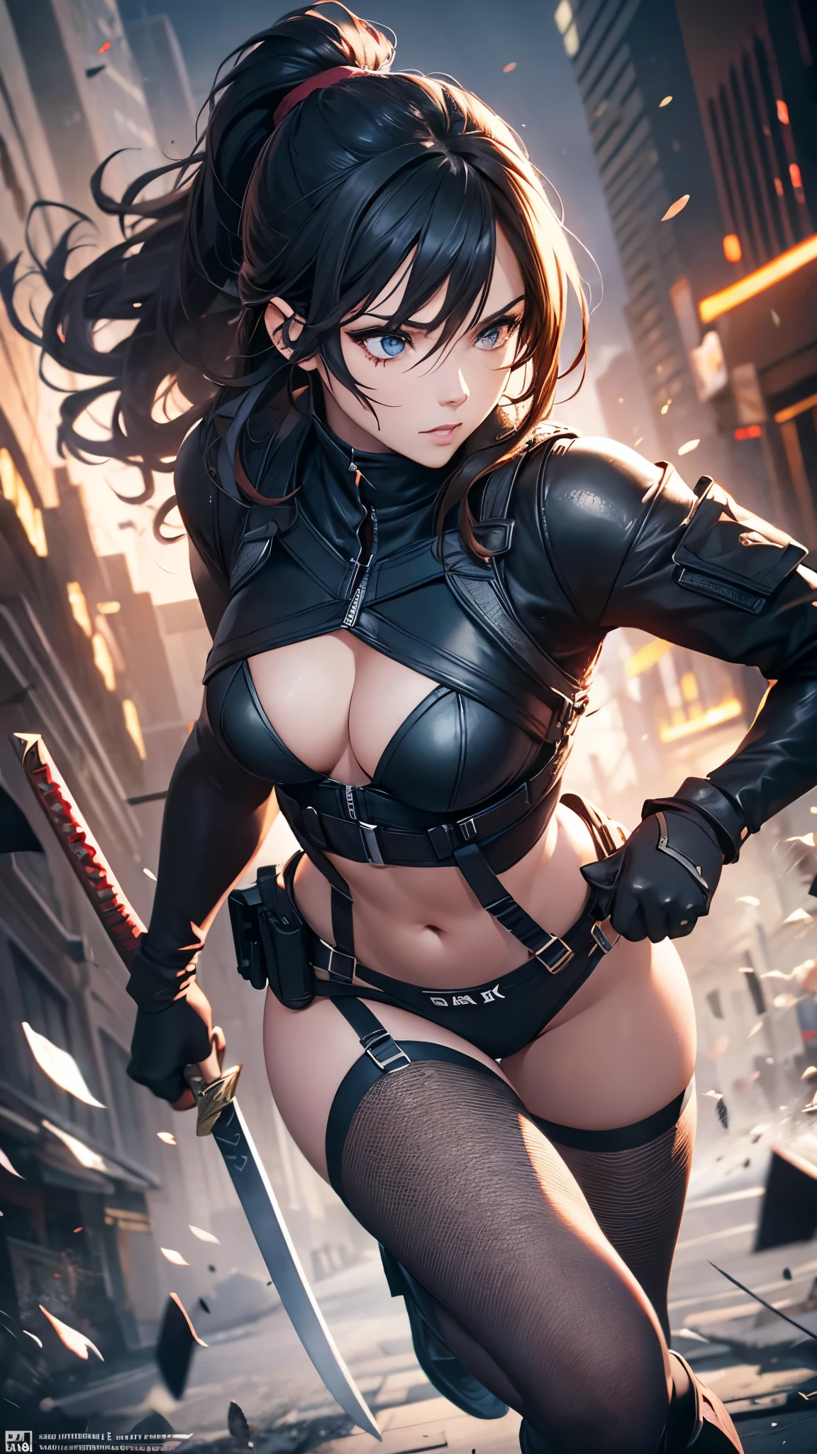 Kate Beckinsale stands victorious in a breathtakingly detailed brown Spider-Man costume, her powerful physique on full display. The setting sun casts warm hues upon the ruined cityscape as smoke and sparks dance in the air. In hyper-realistic 8K detail, every crack and scar adorns her skin. Cinematic lightning illuminates her face, highlighting defined cheekbones and a determined gaze. Her soaked costume clings to her curves, revealing hints of nipple halos beneath. The torn and dirty fabric accentuates her impressive figure, especially at the chest. A 75mm lens captures every nuance as she poses heroically, the camera panning up to frame her stunning visage.