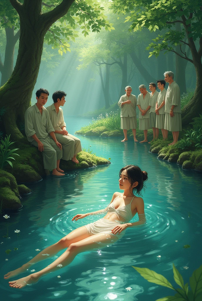 In the heart of a mystical forest, where the veil between reality and imagination is thin, lies a scene of ethereal beauty: The nymphs of the great bathers. This surreal masterpiece unfolds as a harmonious blend of nature and mythology. The nymphs are seen in full shot, their bodies bathed in the soft, surreal glow of the moonlit forest. The ethereal landscape is adorned with lush greenery and crystalline waters, creating a dreamlike atmosphere. The nymphs, with their delicate features and graceful forms, embody the essence of the forest and its mystical allure. Their elongated bodies glisten in