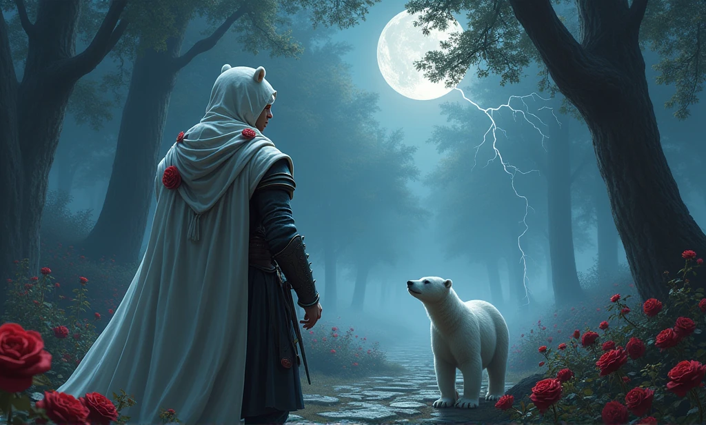 Male knight with a white hood with polar bear ears and a sword behind his back walks with a baby polar bear in a forest while the moon shines, many Roses cover the ground and lightning falls from the sky. Only the man wears a red blindfold. In the background of the picture is the blood moon and a tree has fallen down in the path. The forest is full of trees with leaves. The armor of the man is black and red roses decorate it. The sky is full of stars. The knight looks thoughtful into the sky. The forest is foggy.
