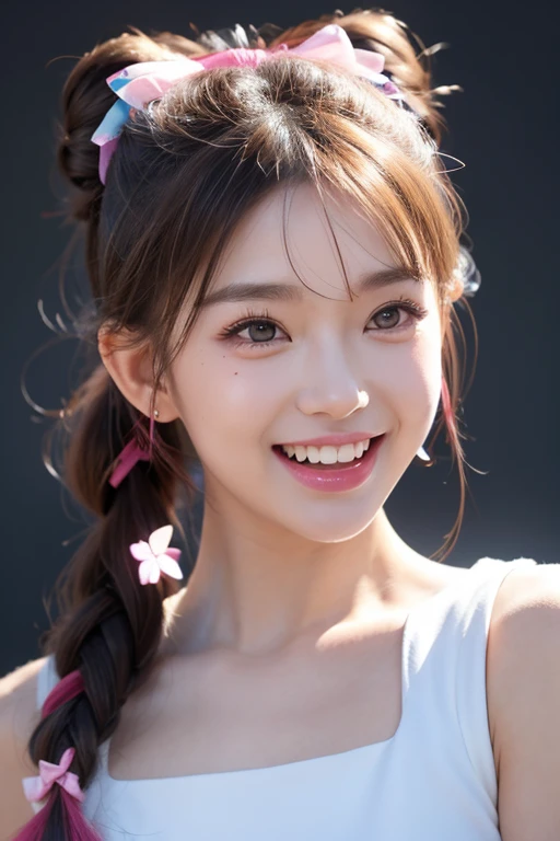 ((bestquality)), ((masterpiece)), (Detailed), perfect face,,Half-Thai girl with a young face,Small eyes((blue eyeliner)),small nose,Little mouth, beautiful smile,Long red-pink braided hair,naked, small breasts