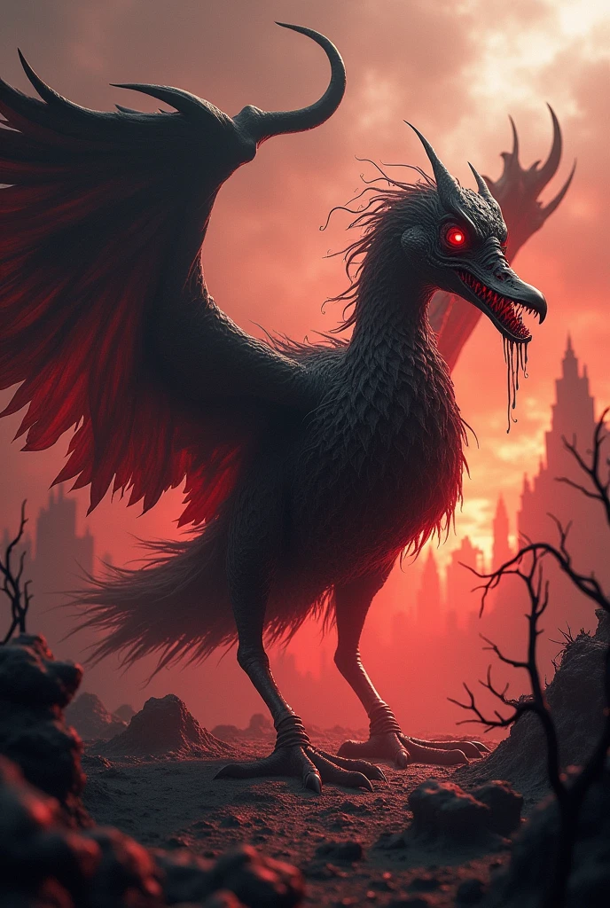winged creature, red eyes, above all, chfres, anger, raining, forst, on, ((best qualityer, extreme quality, Masterpiece artwork)), realisitic