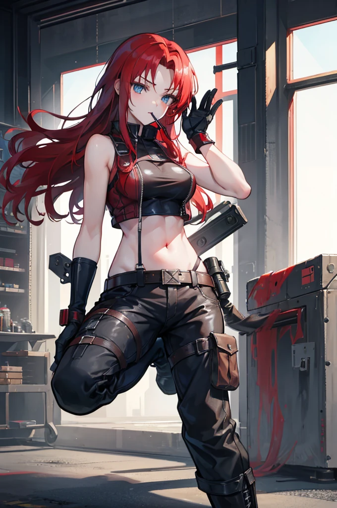 Face_through_torso, 1girl, dieselpunk, long_hair(Red_hair), blue_eyes, taciturn, experienced, welding_goggles_raised, lollipop_in_mouth, leather_gloves, military_pants, combat_boots, dusty_tank_top, expressionless