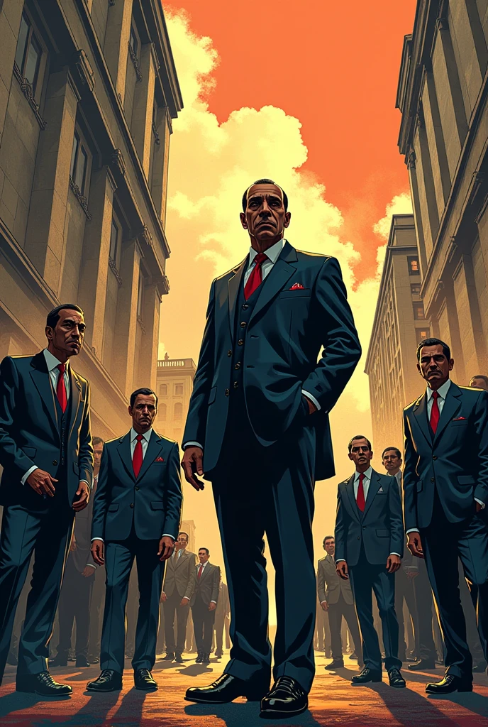 animification, cinco homens andando como agentes do FBI, em vultos, numa rua assustadora