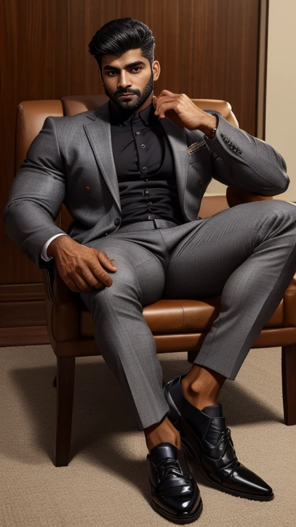 arafed indian man with his perfect big monster penis is coming out from pant in a suit and textured socks sitting on a chair, dapper, detailed shot spread legs-up, professional foot photography, grey pants and black dress pointed buckle shoes, stunning visual, profile image, solids, in style of ultra realistic, close-up on spread legs, detailed style, functional and elegant look, in style of realistic, crisp details