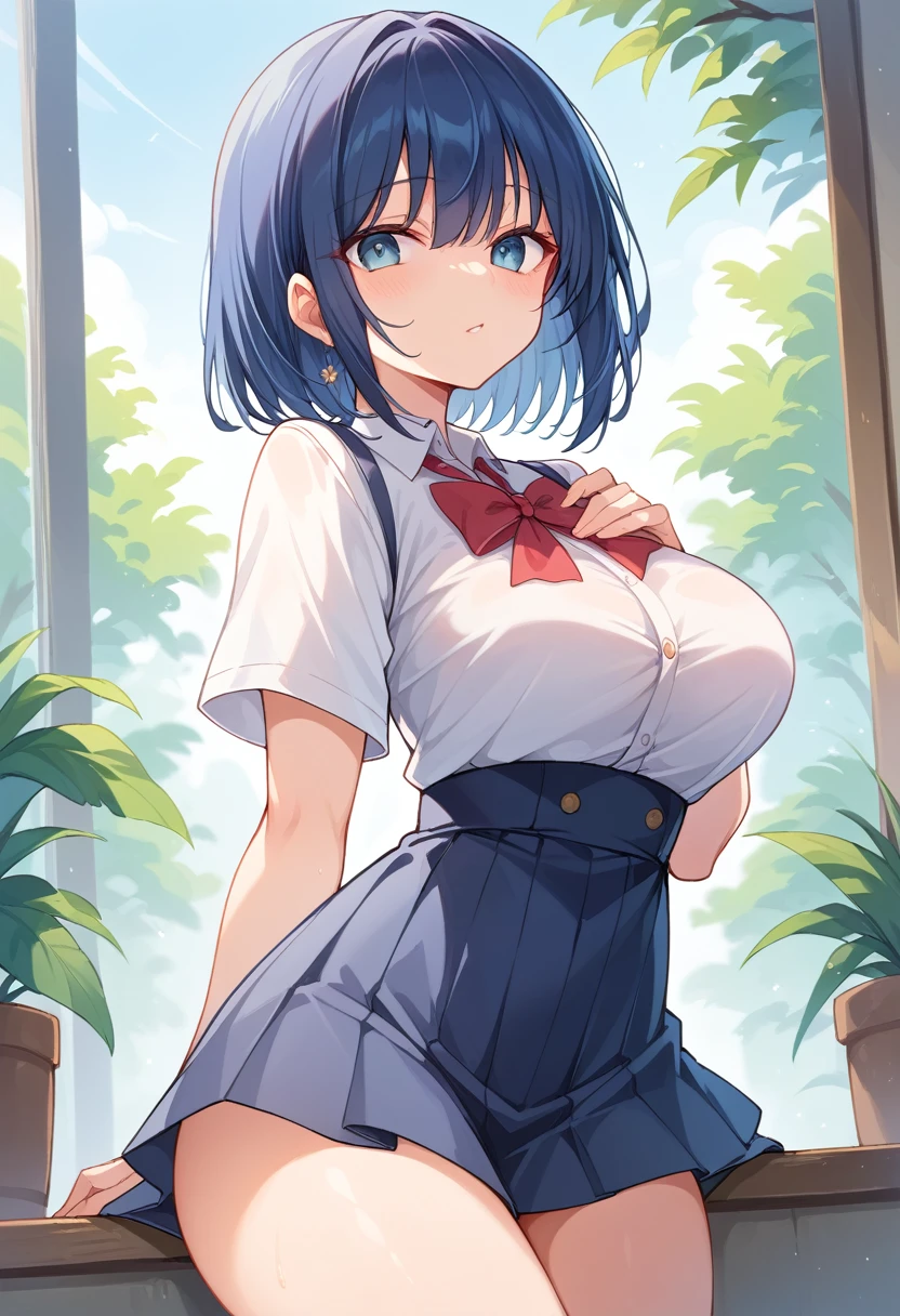 Two-dimensional beauty、beautiful、Woman with short dark blue hair、Wearing a high school girl&#39;s uniform、Shota&#39;s penis is on her chest、Titty fuck、First time、Sex、Large Breasts、All buttons are disconnected、Bathroom、Shyness、Sweat、Drooling、
