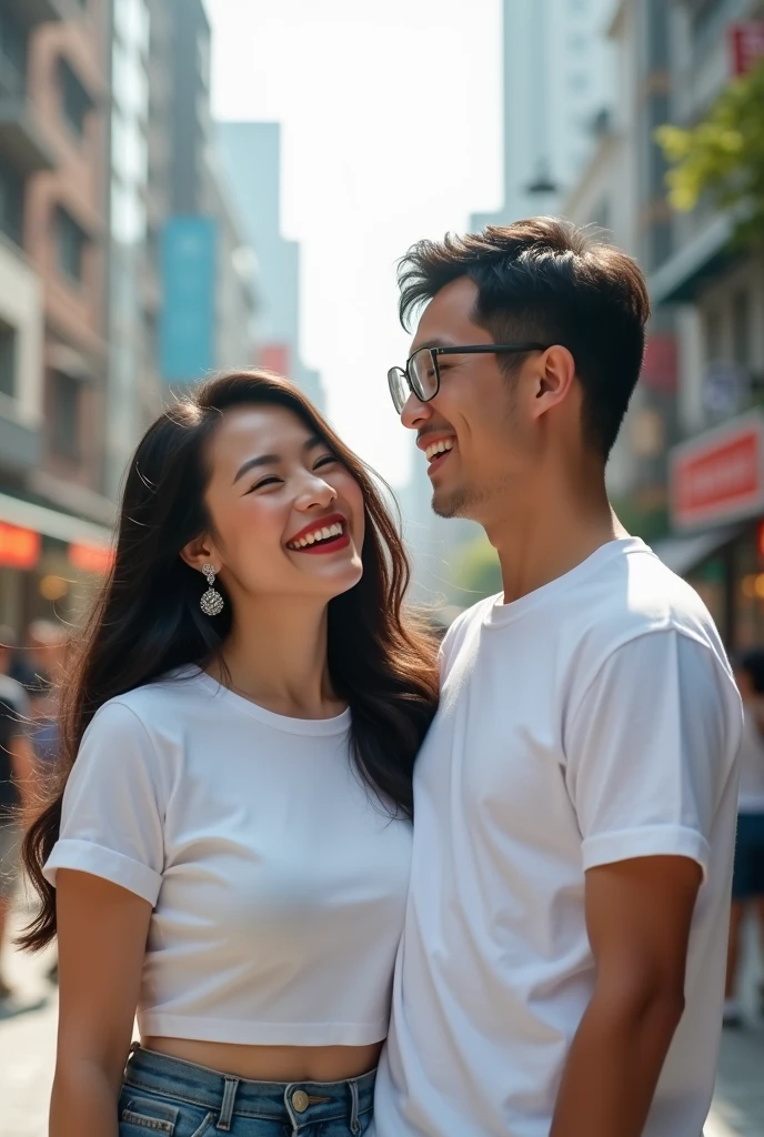 Chinese beautiful girl 23 years-old couple with a man 30 years-old, 23 years-old girl as wife, 40 years-old man as her husband, the girl stands beside the man, the girl wearing white T-shirt, the girl red lips, the man wearing white T-shirt, the man wearing glasses, the girl with the man stands in street city building, body, thick body, little bit fat.High Resolution, Long Hair, Black Hair, Jewelry, Earrings, From Below, POV, Masterpiece, Accurate, Best Quality, Anatomically Correct, , Large , Crystal Earrings, Laughing, Looking at viewer,