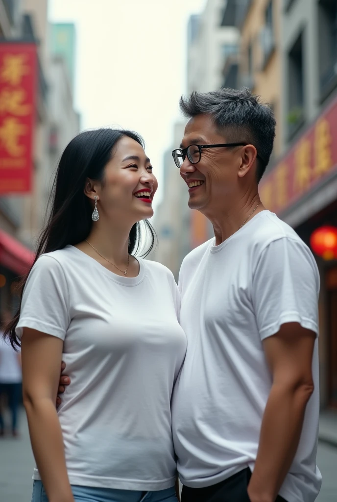 Chinese beautiful girl 23 years-old couple with a man 30 years-old, 23 years-old girl as wife, 40 years-old man as her husband, the girl stands beside the man, the girl wearing white T-shirt, the girl red lips, the man wearing white T-shirt, the man wearing glasses, the girl with the man stands in street city building, body, thick body, little bit fat.High Resolution, Long Hair, Black Hair, Jewelry, Earrings, From Below, POV, Masterpiece, Accurate, Best Quality, Anatomically Correct, , Large , Crystal Earrings, Laughing, Looking at viewer,