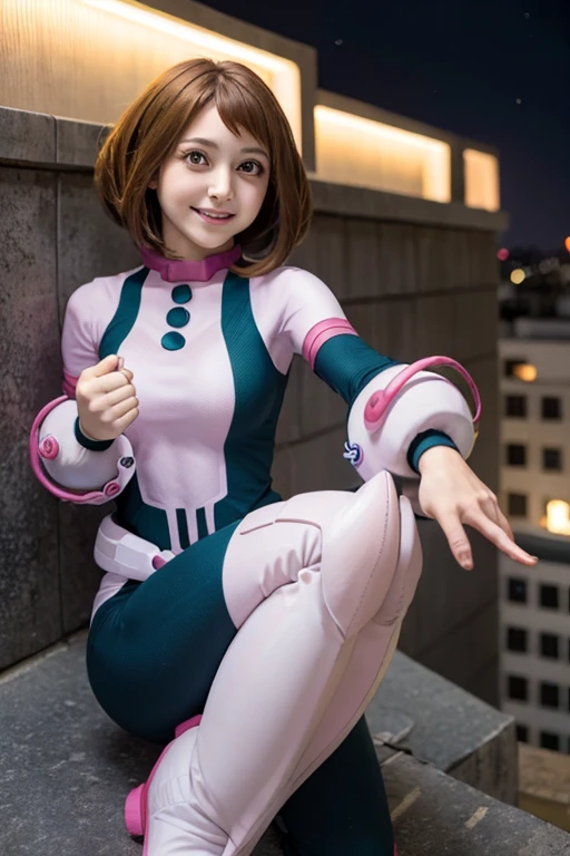 hyper realistic, full body, 1girl, ((levitating)), smile, teen, hands on fist, beautiful face, perfect, white skin, masterpiece, best quality, highres, short hair, modeling, natural pose, ochako, brown hair, on the rooftop, superhero, bodysuit, boots, Classy elite girl, ochako, Ochako Uraraka from My Hero Academia, beautiful face, night,