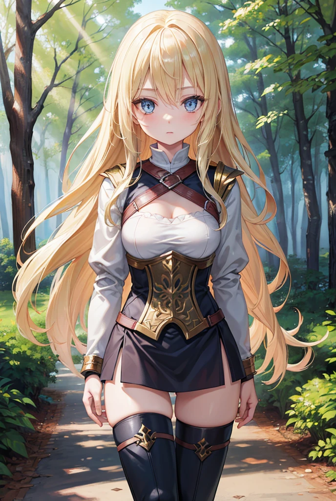 Masterpiece, Best Quality, Detail, A beautiful warrior breastplate long blonde hair blue eyes small breasts she walks through a forest to experience her first adventure