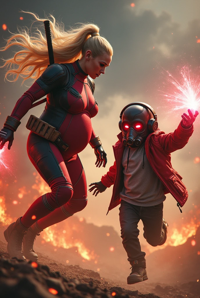 Mona , realistic, big breasts, full body & Youg boy with red hoodie, headphones, Star-lord helmet, rocket boots, gas helmet, covered mouth, round red, eyes, front cover, ??? Star-lord with red hoodie, star-lord helmet, gas helmet, covered mouth, round red eyes, Red eyes, magic rings in the hands and rocket boots, Fighting, power, fiction, 2 persons, magic lasso, hight, fall, DJ, view of the city from above, flying in the sky, capa roja, fire under shoes, Space, Smoke, World.