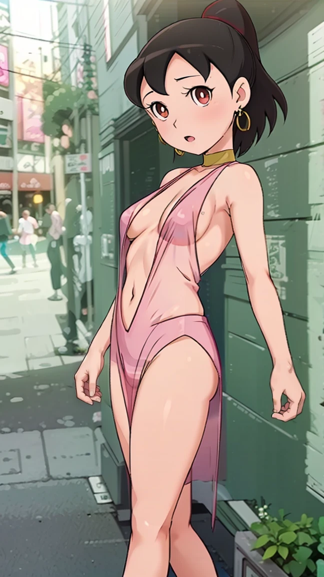 1girl light skin, small breasts ,happy, ponytail and black hair,shizuka,hot, (light black hair(0.1), medium hair, large breasts, red eyes), perfect anatomy, city,sexy pose , (( earrings, see through transparent clothes)),sunset,shizuka,hot,looking at viewer,front viewer,smooth skin,hypereal skin,full body,cotton leggings,solo