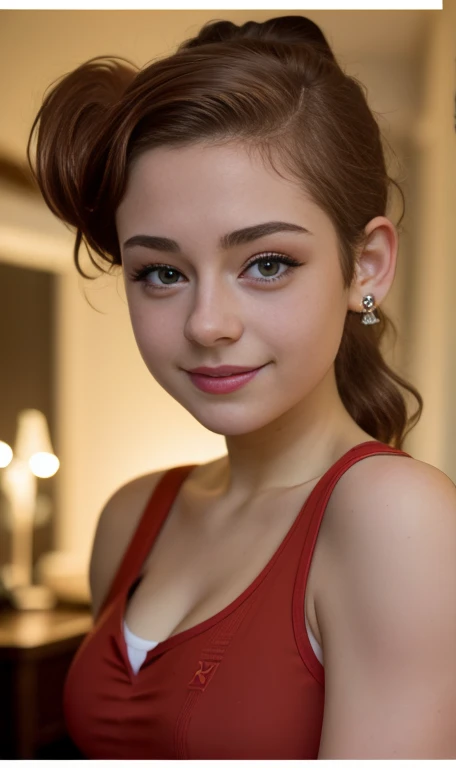 Photo of a 16 year-old american girl, .RAW, beautiful teenage girl, (Long brown hair with ponytail), light brown hair ponytail hairstyle((portrait)), ((detailed face:1.2)), ((detailed facial features)), (finely detailed skin)  , (Tabletop) (perfect proportions realistic photos)(The best quality) (detailed) photographed with a Canon EOS R5, 50mm lens, f/2.8, NffSW, (8k) (wallpaper) (cinematic lighting) (Dramatic lighting) (Sharp focus) (Convoluted) medium breasts , medium breasts , many freckles on cheeks and nose , freckles on chest, Whole body , beautiful body of a teenage woman,  cute makeup , big smile  , statuesque thin woman  , foto de Whole body,  , pecas en la cara , pecas en el pecho , cuerpo completo ,  chaqueta negra pequeña , motociclista , oitfit rojo sexy , botas largas con tacon 