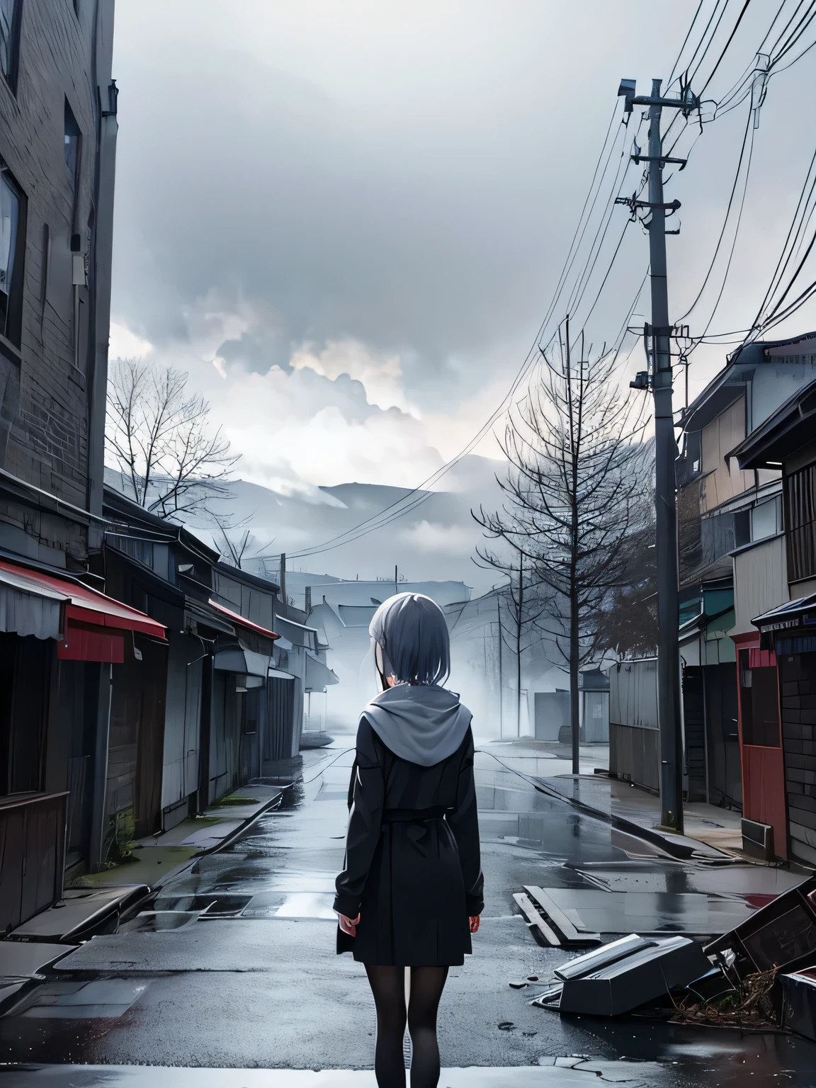 Gray, Foggy world、Remains、girl、dim、The end of the world、Sad landscape、Rear view