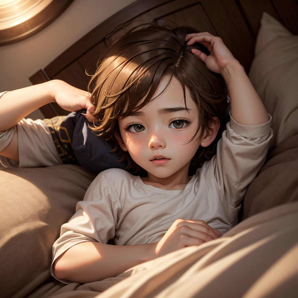 eight year old boy with brown hair, whole body, bottom bedroom