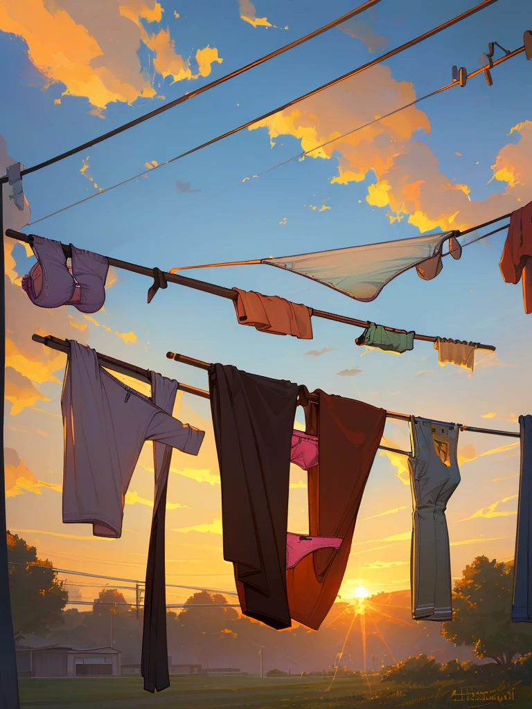 "Depict a scene where a huge bra is hanging on a clothesline, as if it's been freshly washed and is drying in the sun. The bra should be prominently displayed, with its straps and cups draped over the line, gently swaying in the breeze."